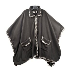 Le Moda Fleece Poncho Cape Black Houndstooth Trim Pockets One Size